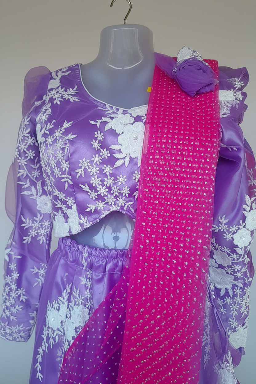 Purple floral dress with a pink dupatta on a mannequin against a plain background