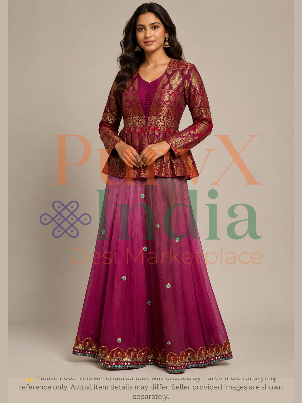 Woman wearing a maroon gown with brocade jacket with gold patterns on a beige background, featuring the brand 'PurvX India'.
