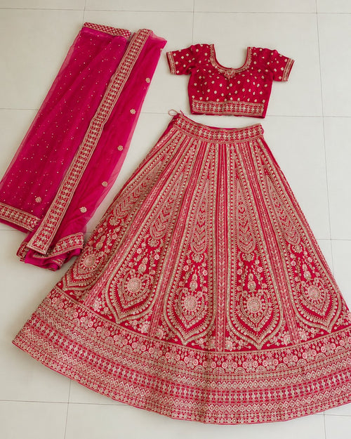 Rani Pink Velvet Bridal Lehenga with Detailed Embroidery