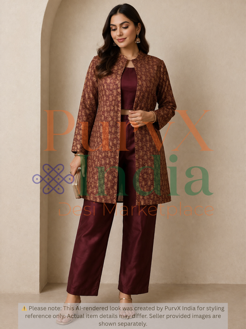 Maroon Brocade Jacket with Silk Bustier and Pant Suit Set