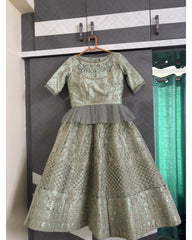 A light sage green embroidered traditional Indian dress with a sheer tulle waistband, hanging on a wooden hanger against a dark gray wardrobe door.