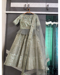 A light sage green embroidered traditional Indian lehenga choli set with a matching dupatta, hanging on a wooden hanger in front of a gray wardrobe door.