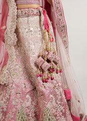 Close-up of a pink heavily embroidered traditional outfit with intricate metallic embellishments, a matching sheer dupatta, and decorative tassel accessories against a plain light background.