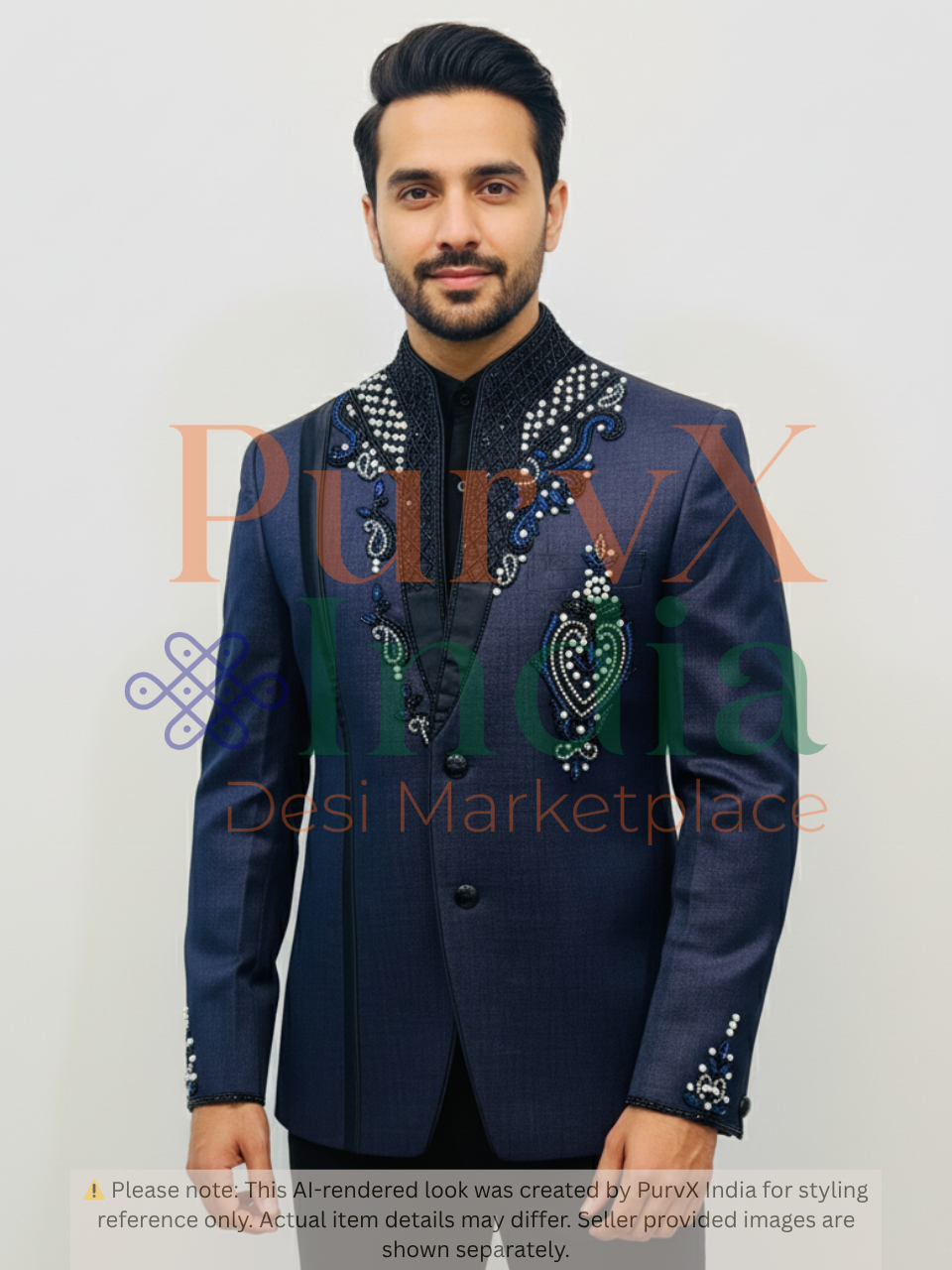 Man wearing a navy blue embroidered suit with a white background, featuring the PurnX India logo.