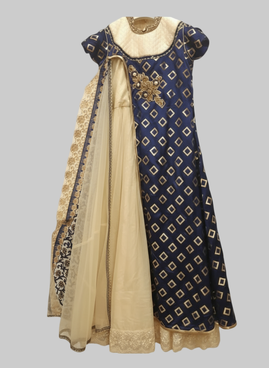 Navy blue and beige traditional outfit with intricate patterns on a white background