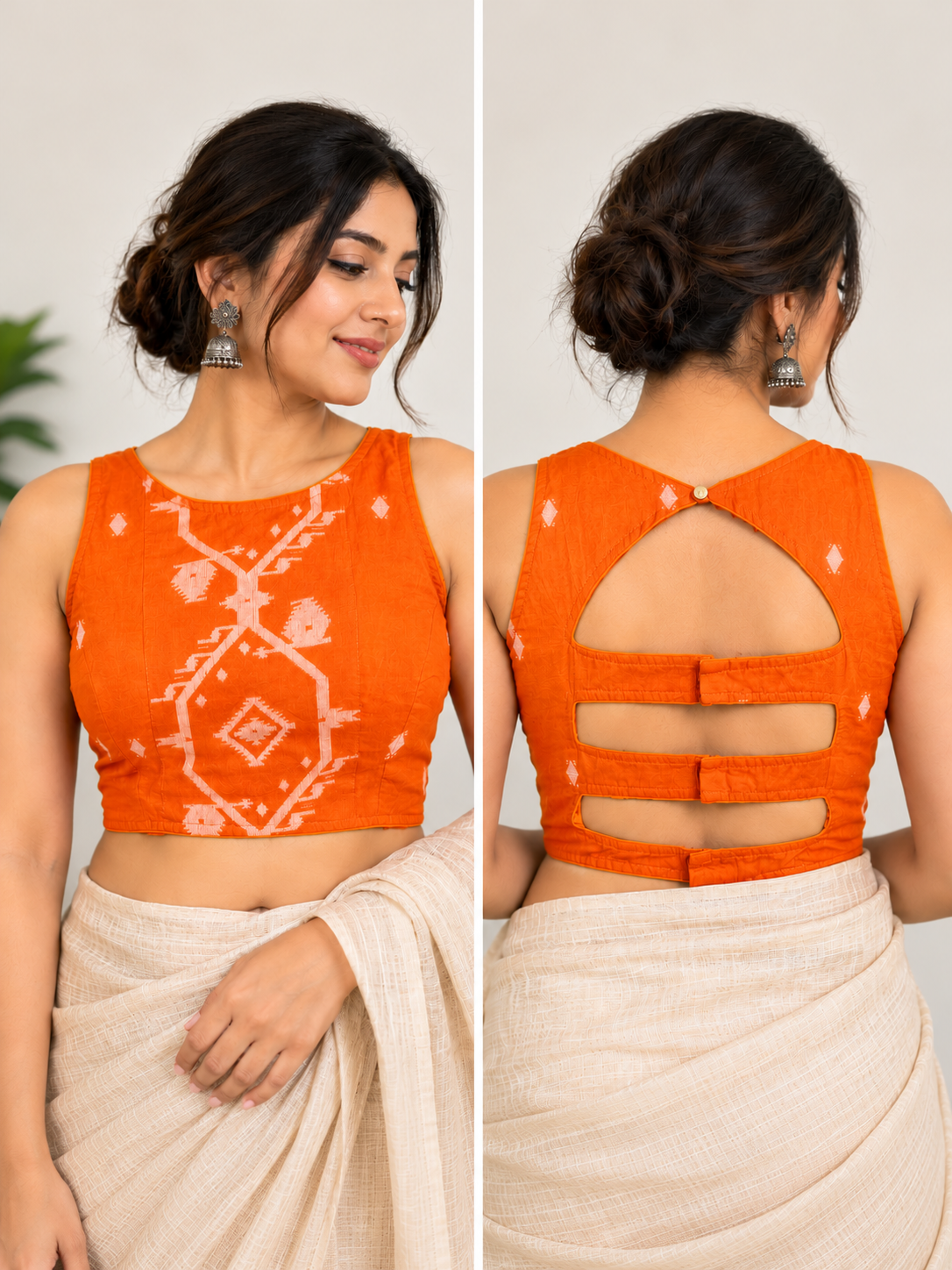 An orange sleeveless blouse shown on a model from the front and back. The front view shows a white Jamdani geometric and floral weave, while the back view reveals a cutout design with three horizontal strap closures.