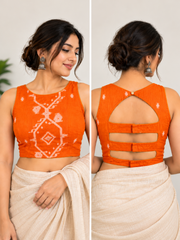 An orange sleeveless blouse shown on a model from the front and back. The front view shows a white Jamdani geometric and floral weave, while the back view reveals a cutout design with three horizontal strap closures.
