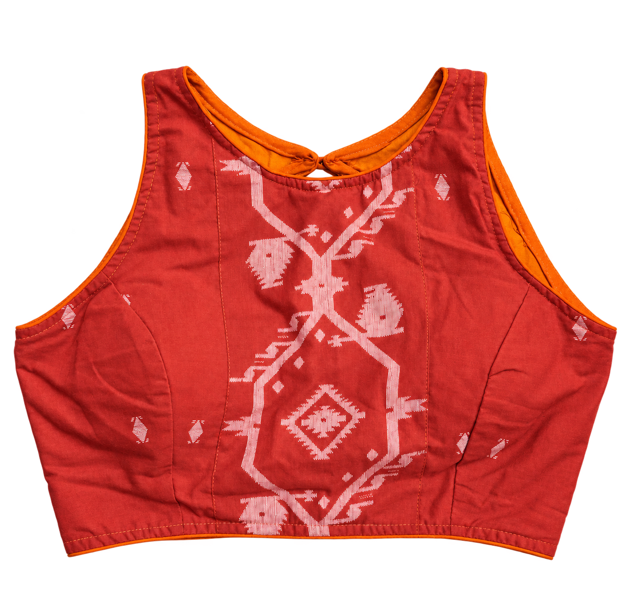 A sleeveless orange blouse with a white geometric Jamdani weave and orange inner lining, shown flat against a white background.