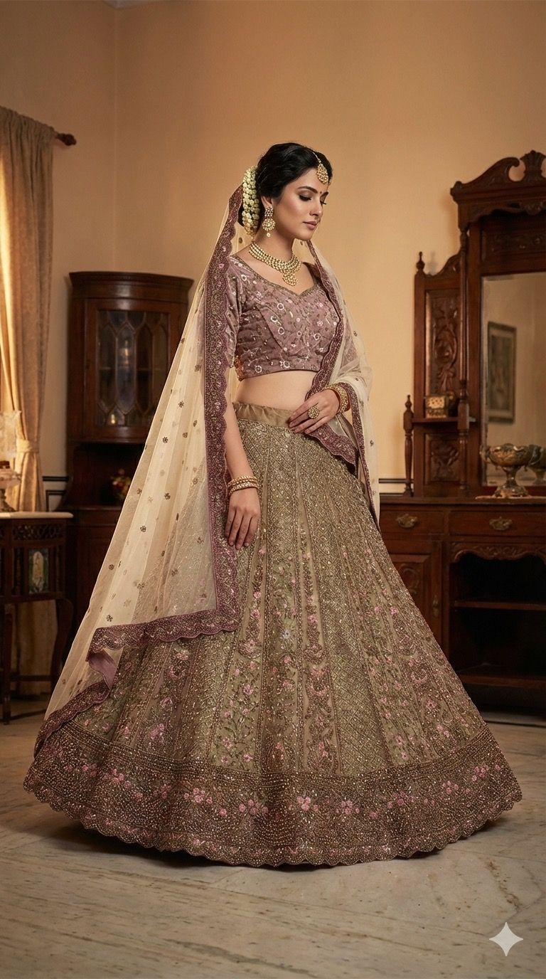 Woman in traditional Indian attire standing in a room with wooden furniture.