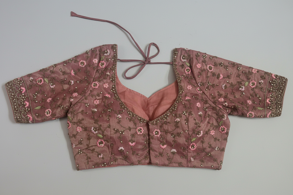 back view of Pink embroidered blouse on a light gray background