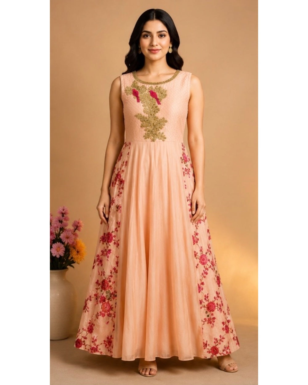 A woman modeling a peach-colored sleeveless Anarkali gown with green and red floral embroidery on the bodice and flared skirt, set against a warm beige background.