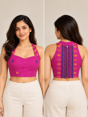 A woman modeling a bright pink halter racerback blouse with with woven jamdani motifs, shown in front and back views against a plain beige studio background.