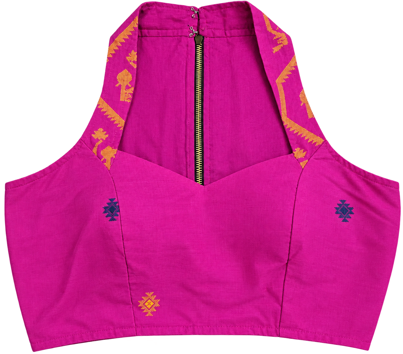 A bright pink sleeveless blouse with a halter neck, princess cut, and yellow and blue Jamdani motifs.