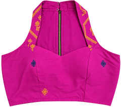 A bright pink sleeveless blouse with a halter neck, princess cut, and yellow and blue Jamdani motifs.