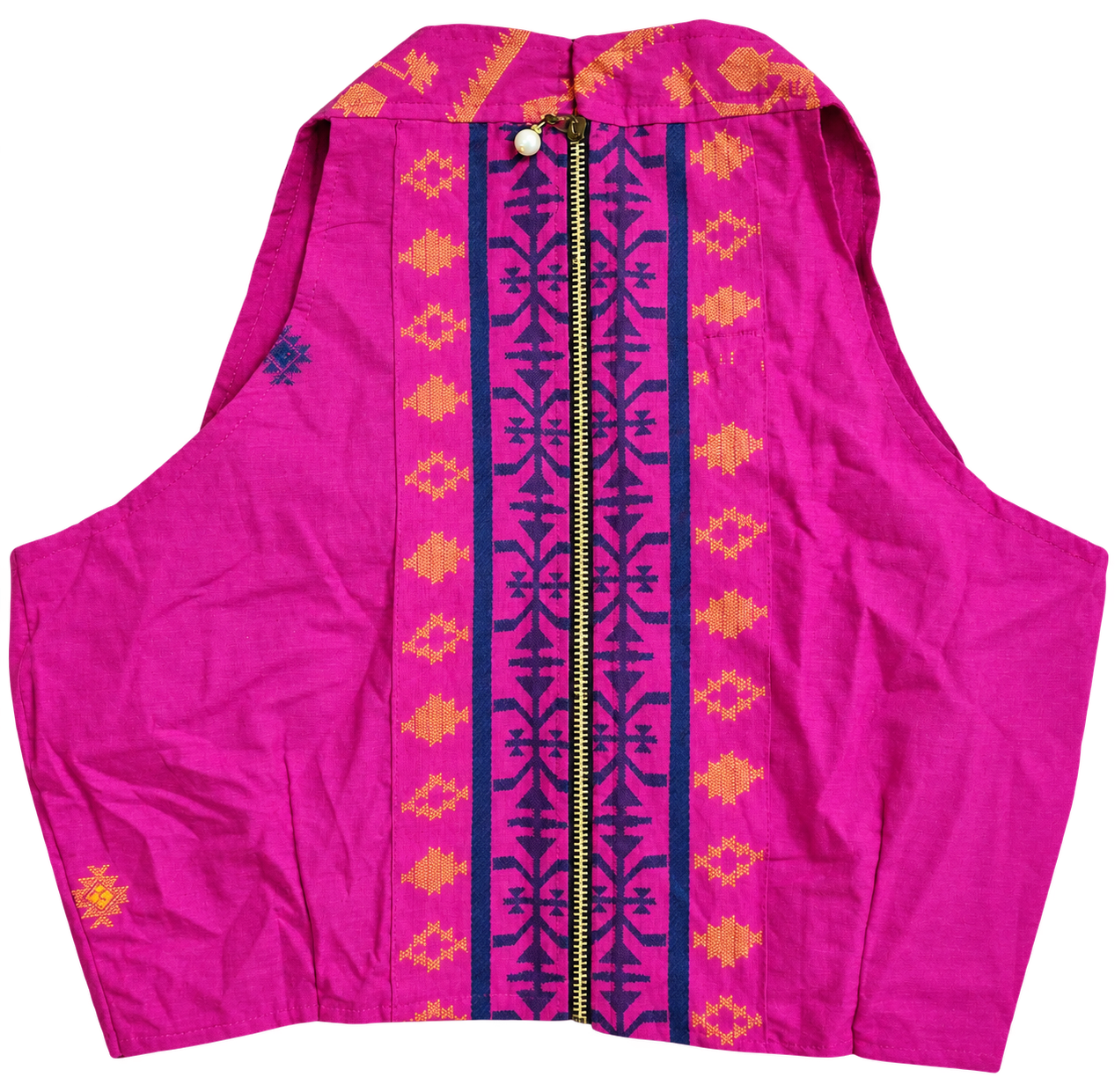 A bright pink sleeveless racerback blouse with a central gold zipper, featuring vertical navy blue and yellow Jamdani motifs down the center and matching yellow diamond motifs on the sides.