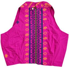 A bright pink sleeveless racerback blouse with a central gold zipper, featuring vertical navy blue and yellow Jamdani motifs down the center and matching yellow diamond motifs on the sides.