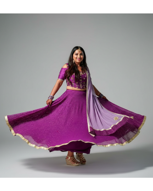 Purple Sequined Georgette Lehenga with Silk Blouse