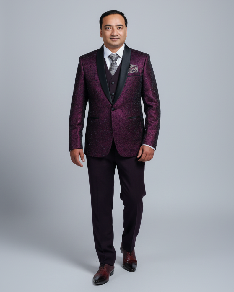 A man modeling a dark purple brocade suit with black satin lapels, a matching vest, a patterned tie, and dark brown dress shoes, photographed against a solid gray studio background.