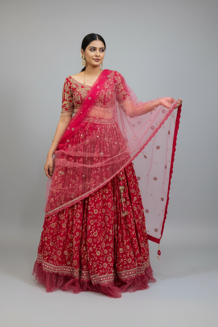A woman modeling a traditional Indian red lehenga choli set with a sheer pink dupatta, photographed against a solid gray studio background.