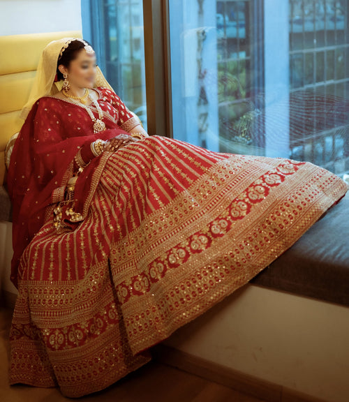 Red Bridal Lehenga with Sequins and Pearl Embroidery