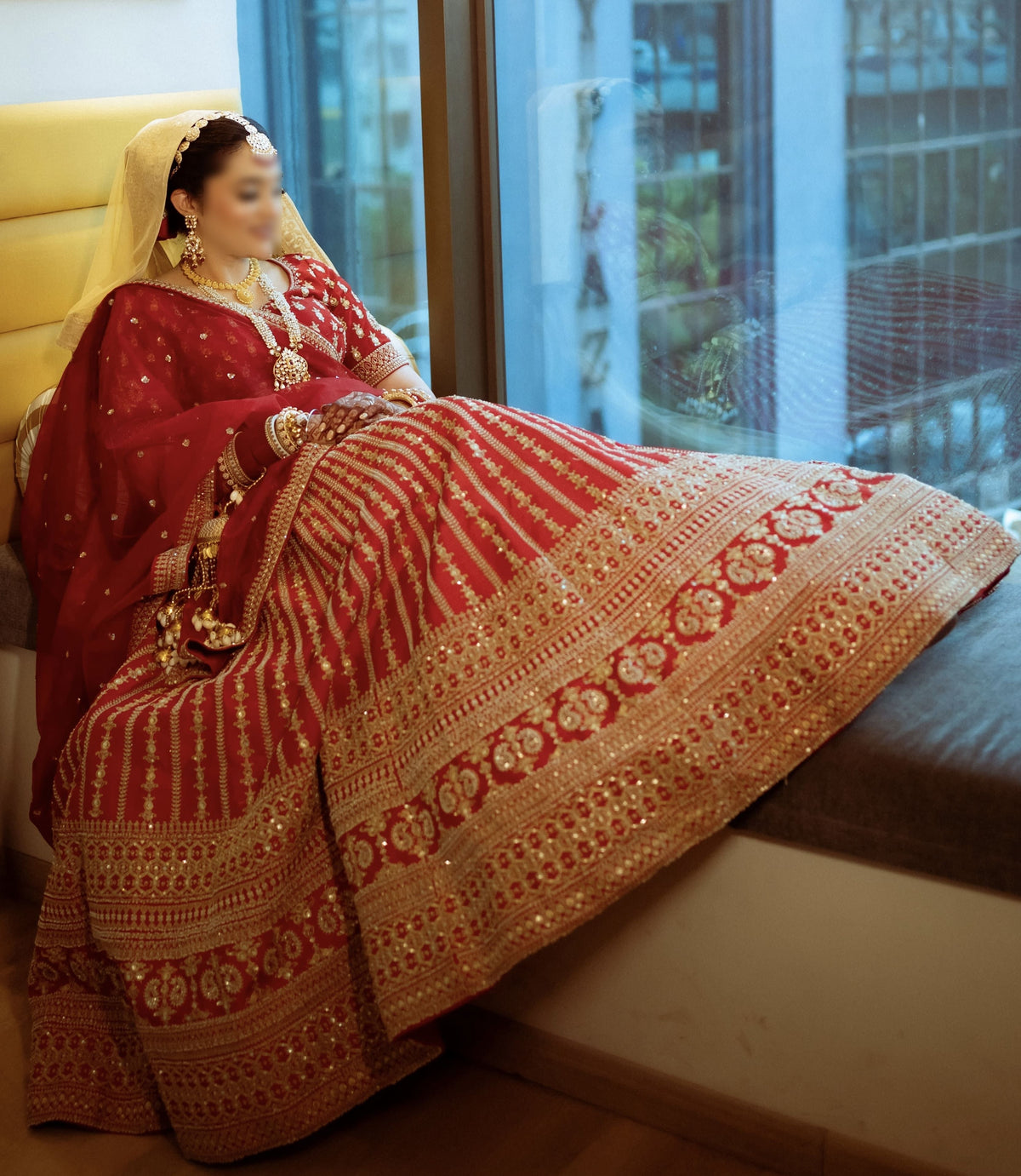 Red Bridal Lehenga with Sequins and Pearl Embroidery