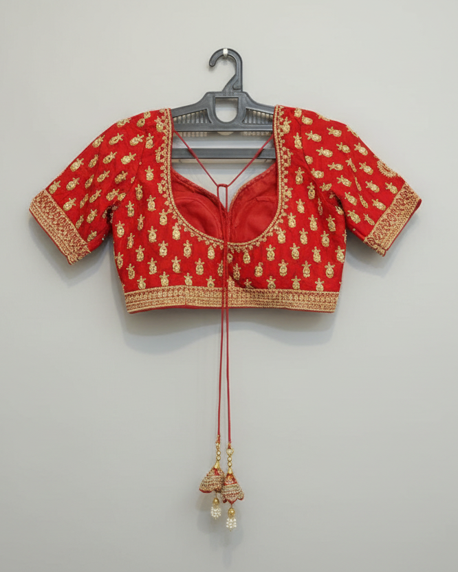 back view of Red embroidered blouse on a hanger against a gray background