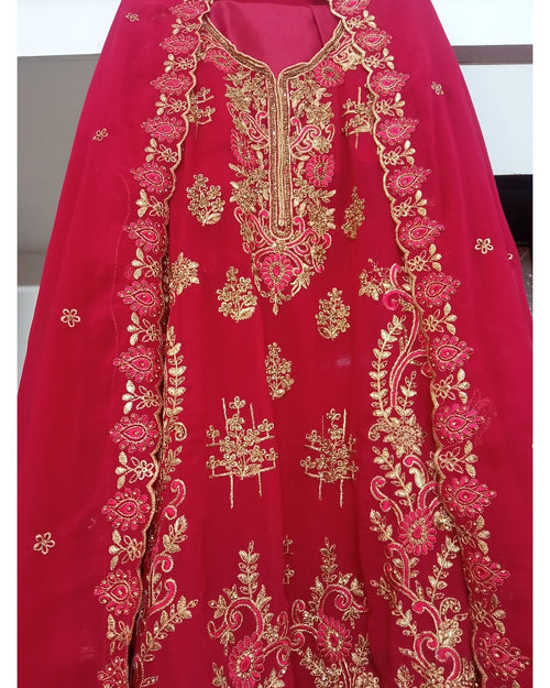 Red Unstitched Suit Dress Material with Golden Embroidery
