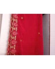 Red Unstitched Suit Dress Material with Golden Embroidery