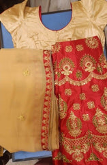 Red and Beige Embroidered Half Saree Set