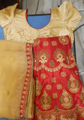 Red and Beige Embroidered Half Saree Set