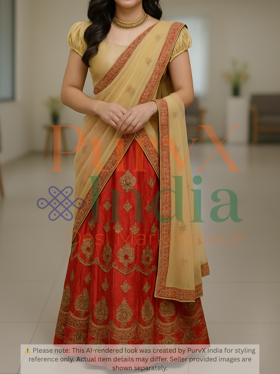 Woman wearing a traditional outfit with a beige and red half saree in an indoor setting.