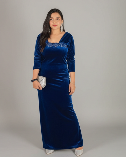 Royal Blue Velvet High Pile Evening Gown