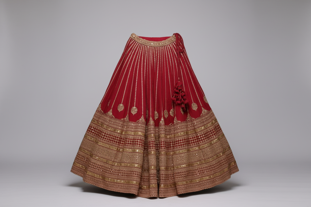 AI-generated image of Sabyasachi Red and gold embroidered traditional lehenga skirt on a gray background.