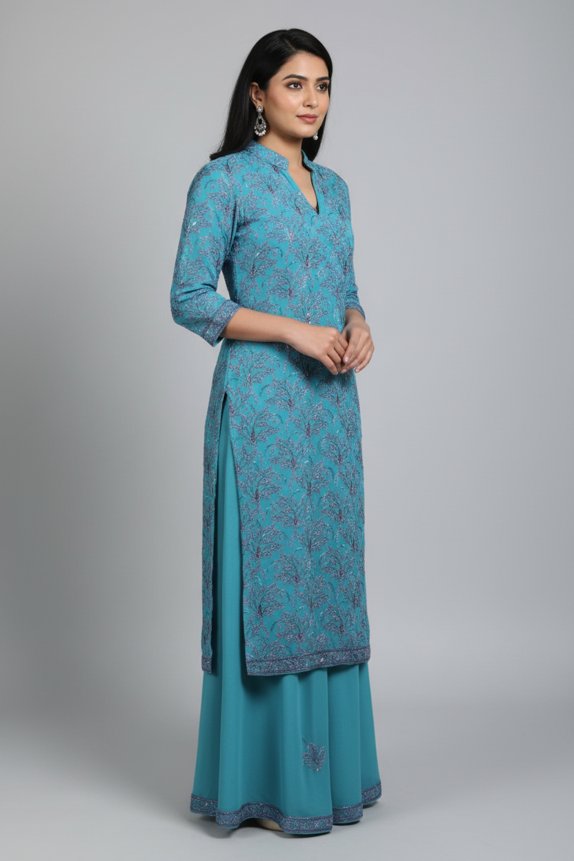 Teal Georgette Sharara Set with Sequins