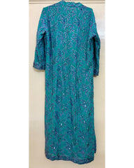 Back view of blue embroidered kurta on a white background