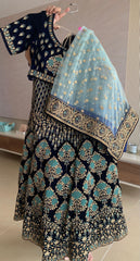 Velvet Blue Embroidered Lehenga Choli Set