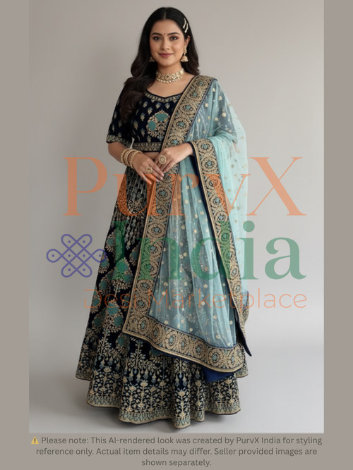 Velvet Blue Embroidered Lehenga Choli Set
