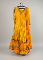 Yellow Bandhani Layered Gown with Silver Embroidery and Dupatta - PurvX India