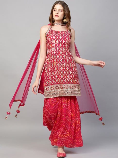 Maroon Zari Embroidered & Bandhani Printed Sharara Suit Set with Tilla Work