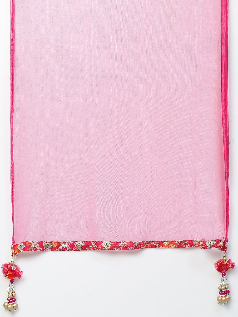 Pink dupatta with floral trim and decorative elements on a white background