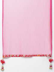 Pink dupatta with floral trim and decorative elements on a white background