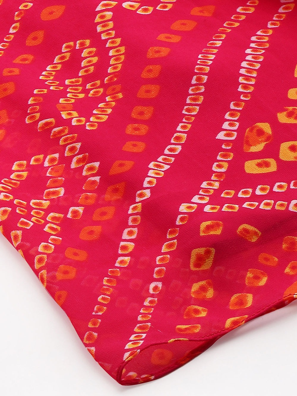 Red fabric with orange geometric pattern on a white background