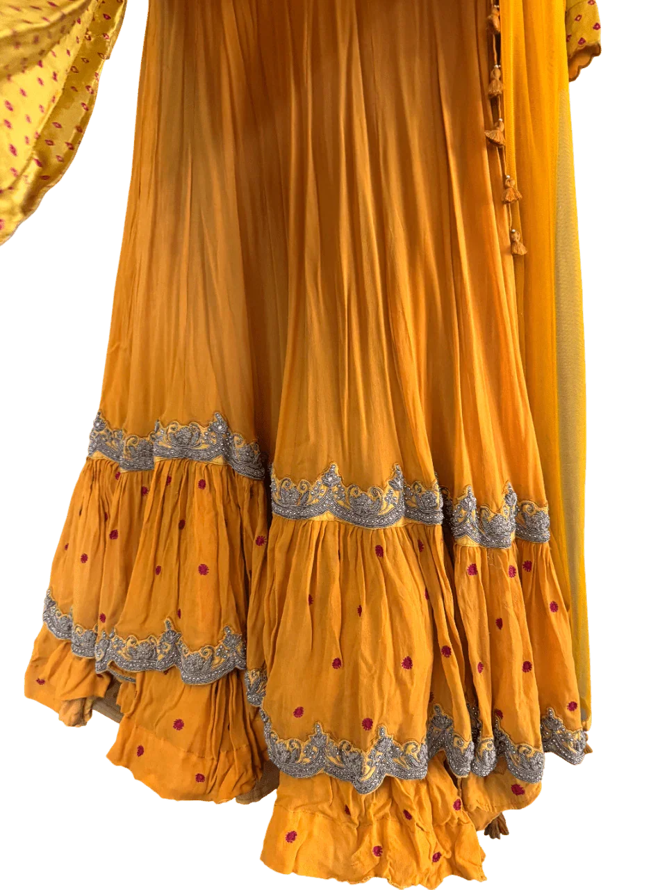 Yellow Bandhani Layered Gown with Silver Embroidery and Dupatta - My Store