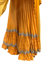 Yellow Bandhani Layered Gown with Silver Embroidery and Dupatta - My Store