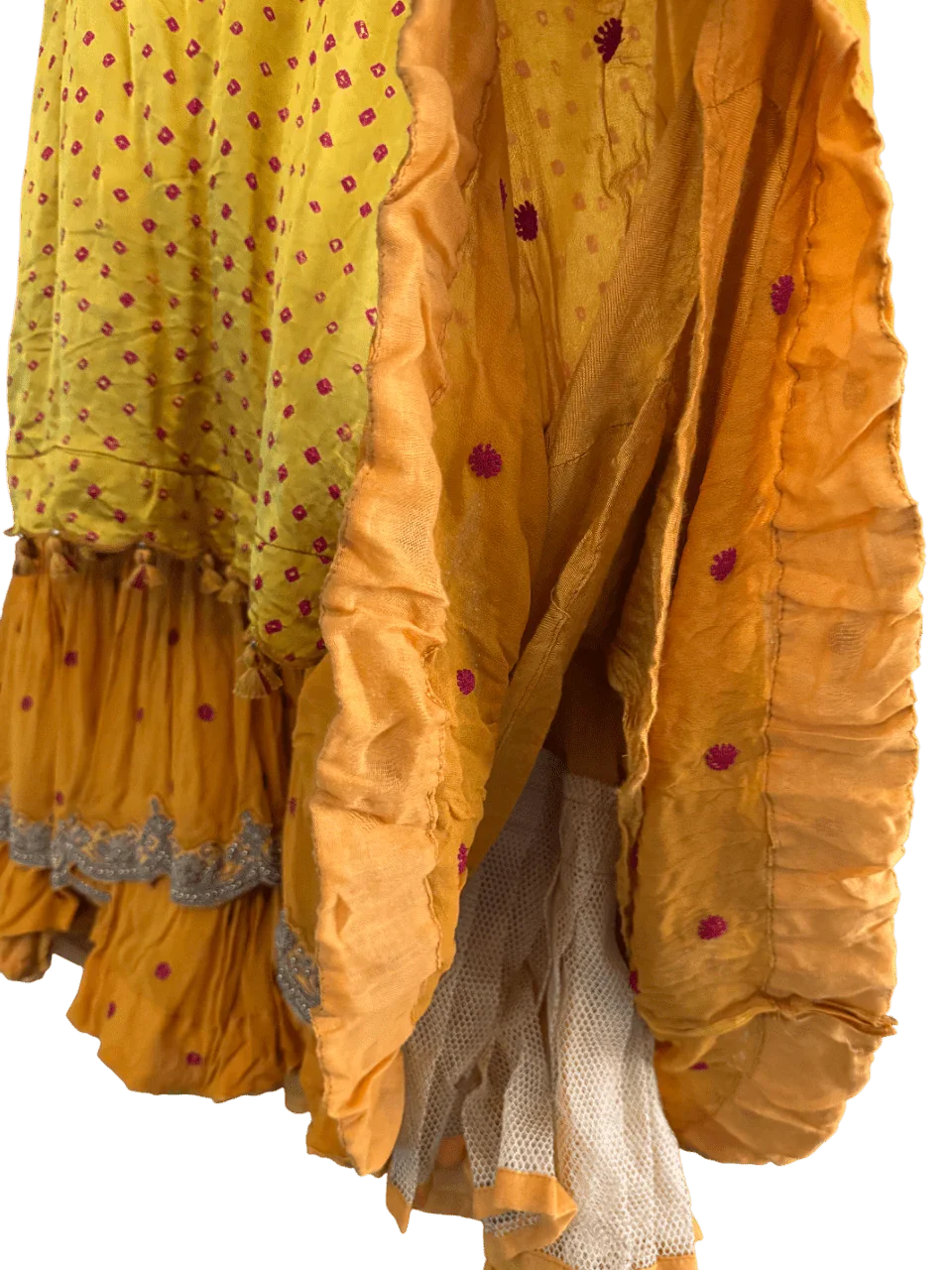 Yellow Bandhani Layered Gown with Silver Embroidery and Dupatta - My Store