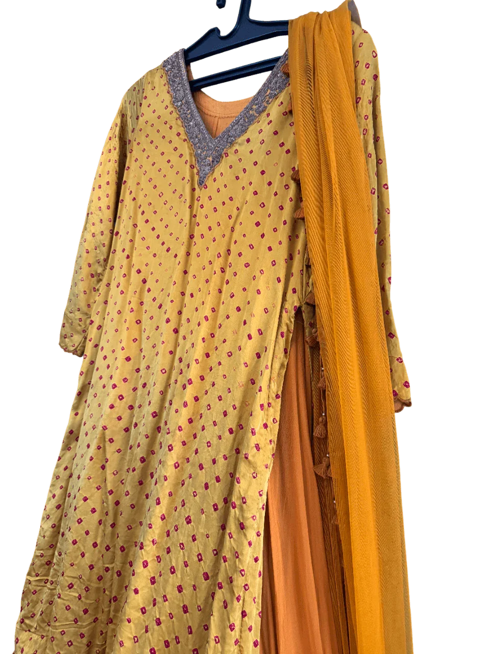 Yellow Bandhani Layered Gown with Silver Embroidery and Dupatta - My Store