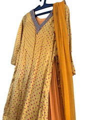 Yellow Bandhani Layered Gown with Silver Embroidery and Dupatta - My Store