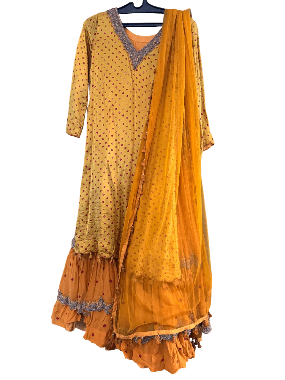 Yellow Bandhani Layered Gown with Silver Embroidery and Dupatta - My Store
