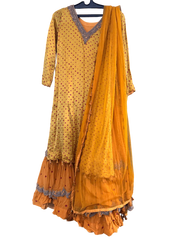 Yellow Bandhani Layered Gown with Silver Embroidery and Dupatta - My Store