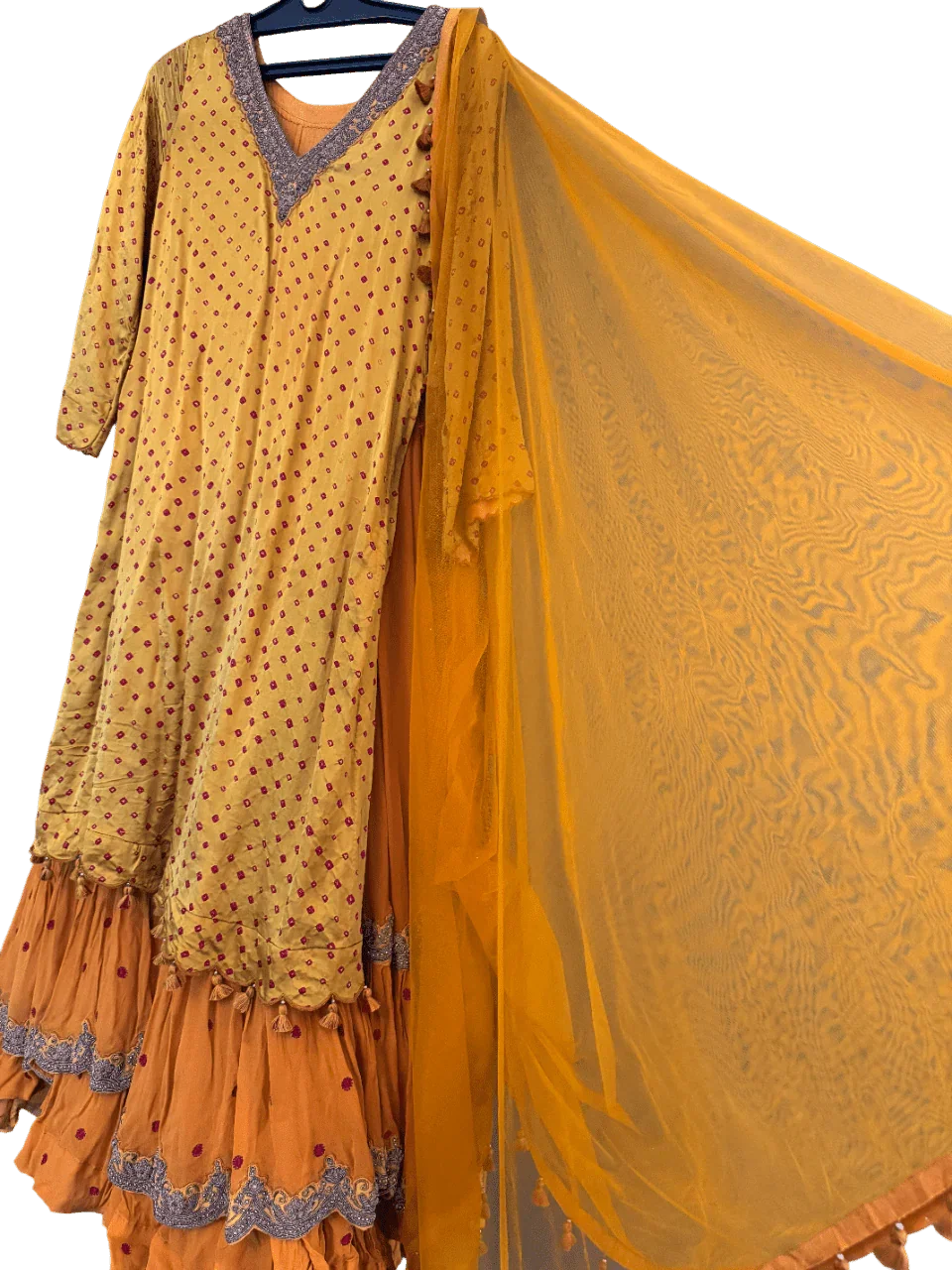 Yellow Bandhani Layered Gown with Silver Embroidery and Dupatta - My Store